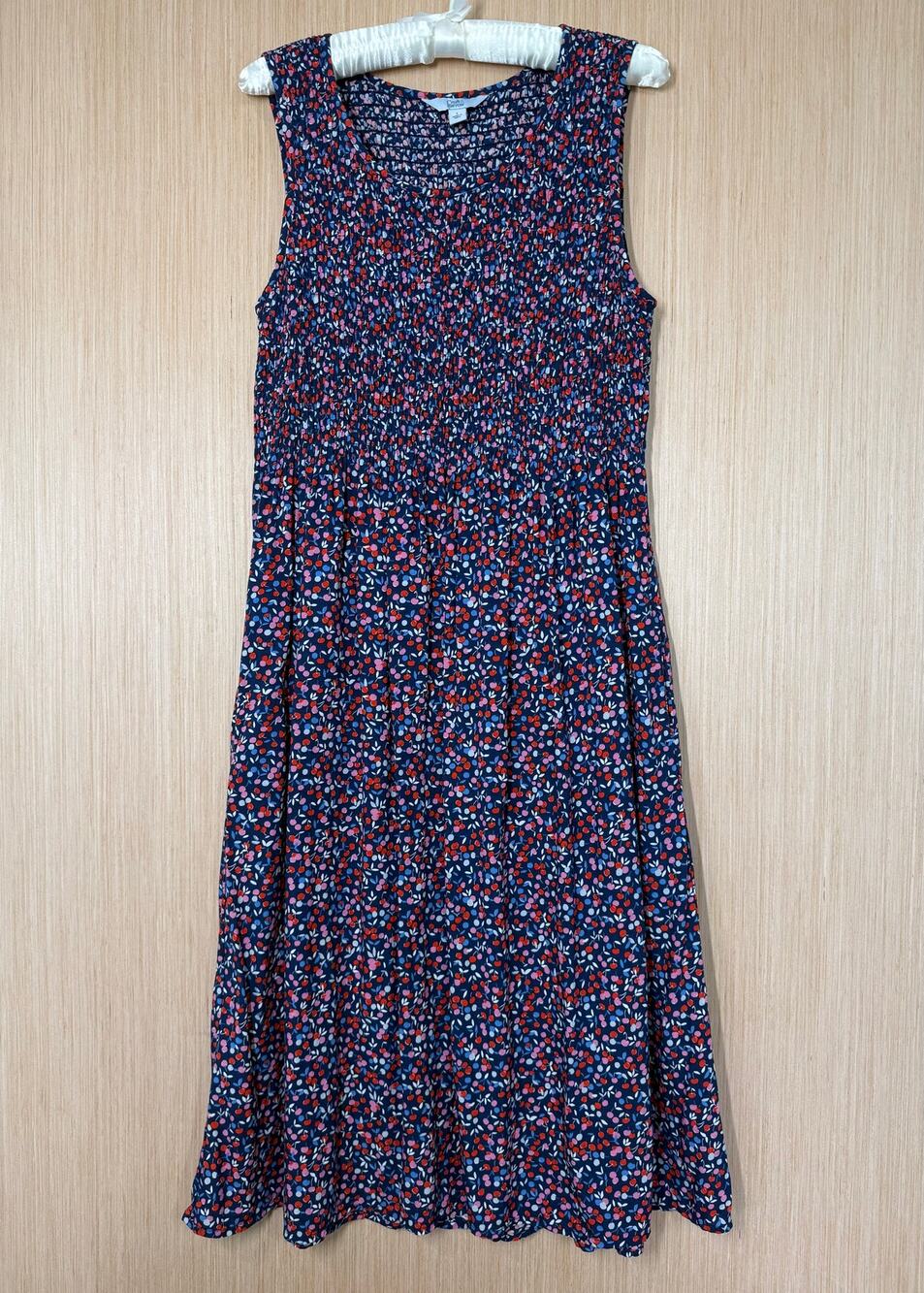Croft & Barrow Cherry Print Smocked Midi Dress Size Large Navy Blue Pockets